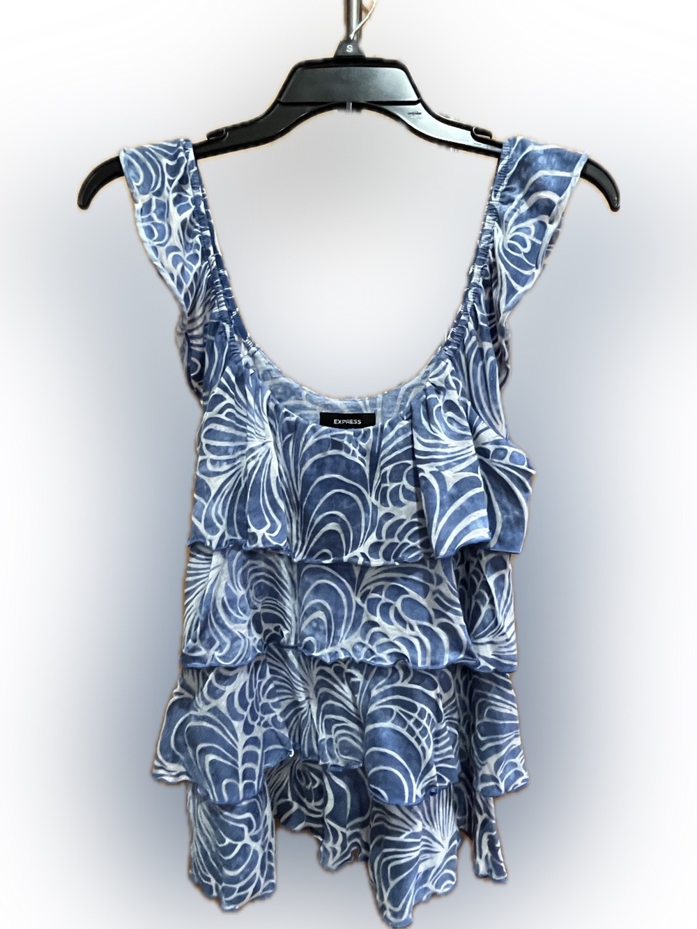 Express Blue & White Floral Ruffle Tier Tank S